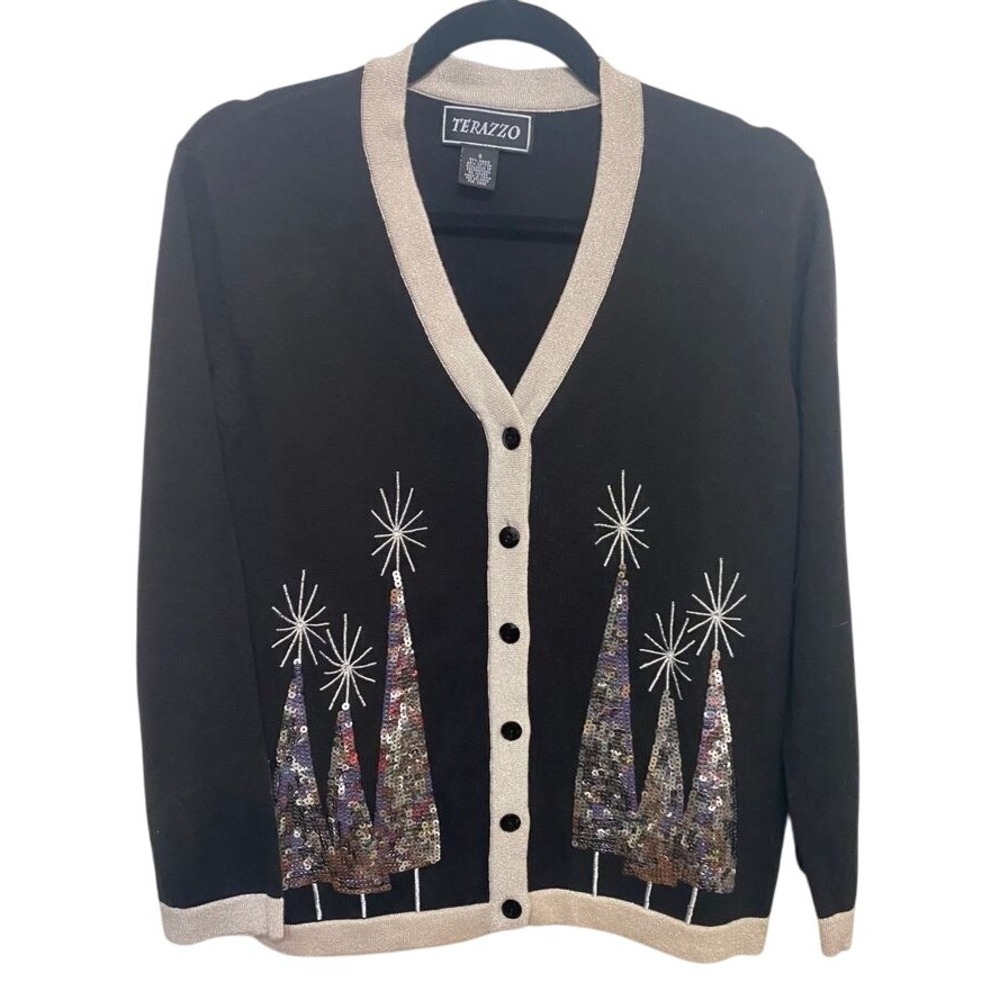 Terazzo Black Silver Sequin Christmas Tree Cardigan Gold Metallic Women Sz S